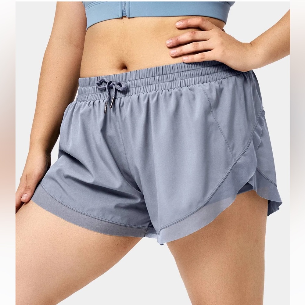 NWT Halara Drawstring Contrast Mesh 2-in-1 Plus Size Shorts Faded Denim